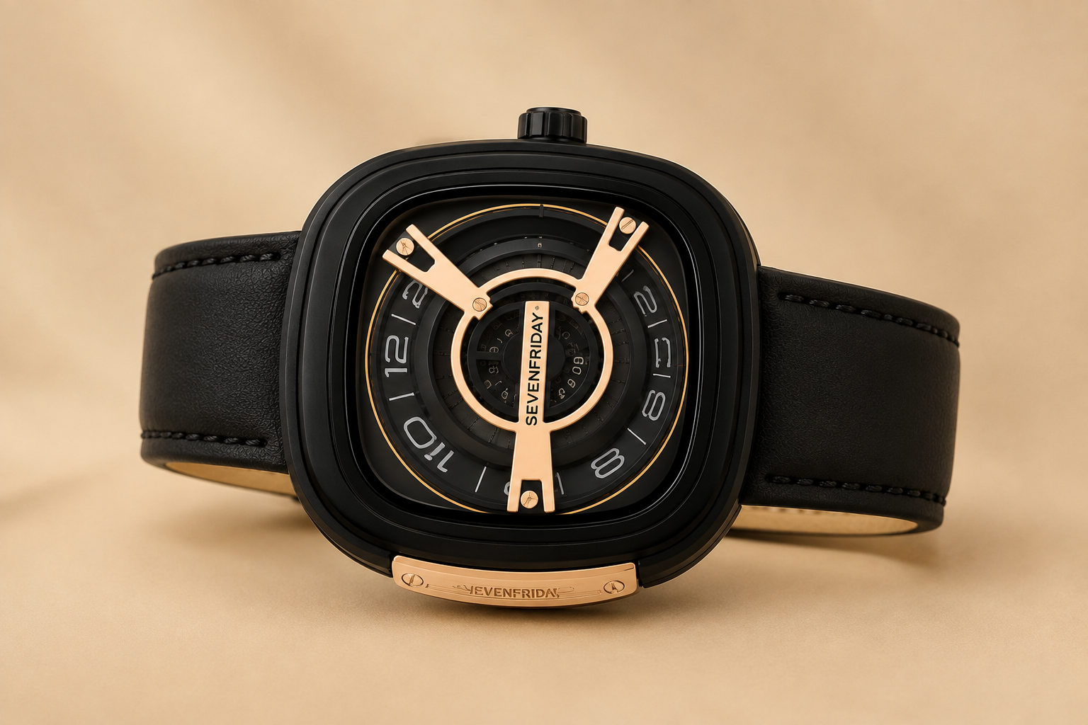 SEVENFRIDAY Style Men's Luxury Black & Rose Gold Watch – Premium Square Dial Leather Strap Wristwatch