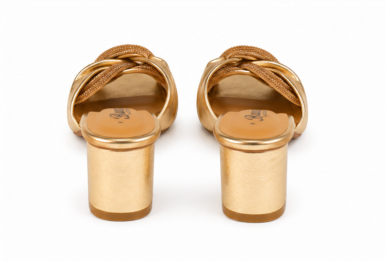 Women’s Gold Metallic Block Heel Sandals with Rhinestone Knot