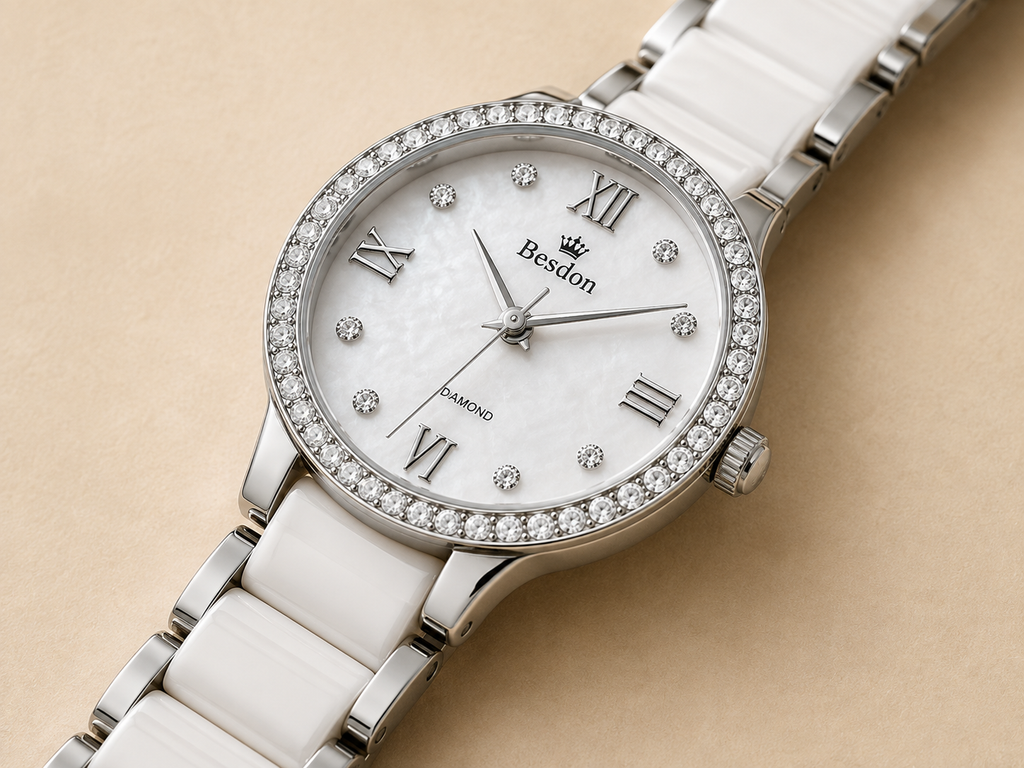 Women’s Luxury White & Silver Watch – Elegant Crystal Diamond Bezel, Pearl Dial & Stainless Steel Ceramic Bracelet
