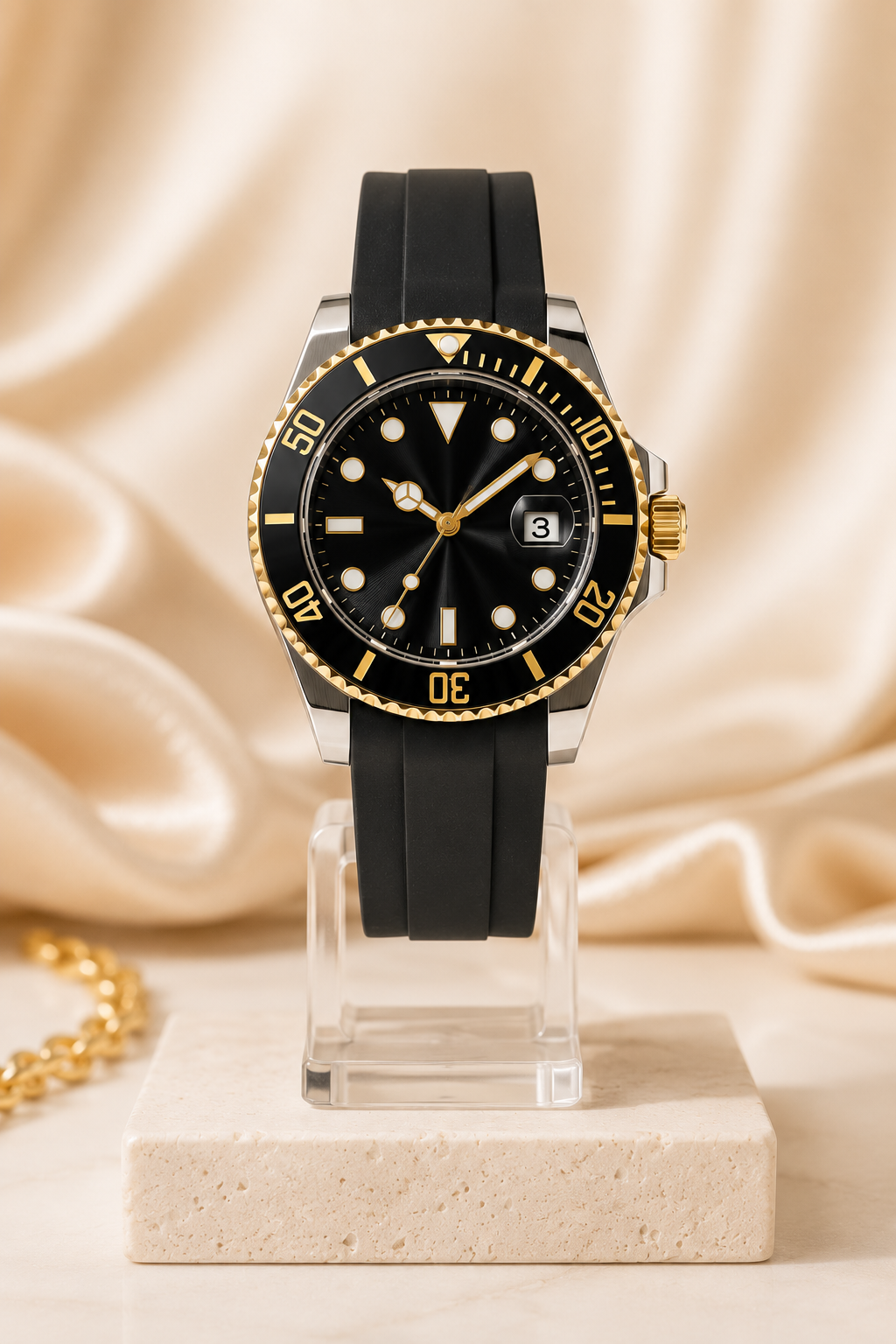 Luxury Men's Black & Gold Silicone Strap Watch | Premium Stainless Steel Waterproof Analog Wrist Watch for Men | Elegant Casual & Formal Timepiece