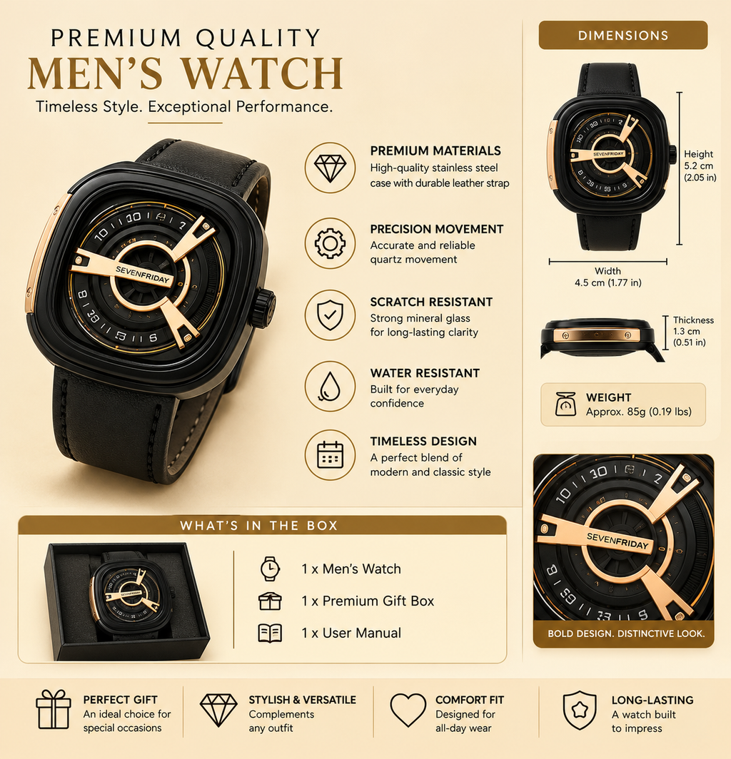 SEVENFRIDAY Style Men's Luxury Black & Rose Gold Watch – Premium Square Dial Leather Strap Wristwatch