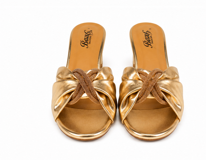 Women’s Gold Metallic Block Heel Sandals with Rhinestone Knot