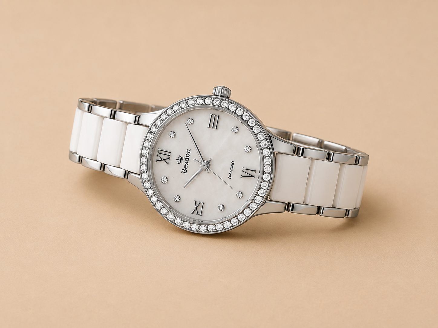 Women’s Luxury White & Silver Watch – Elegant Crystal Diamond Bezel, Pearl Dial & Stainless Steel Ceramic Bracelet