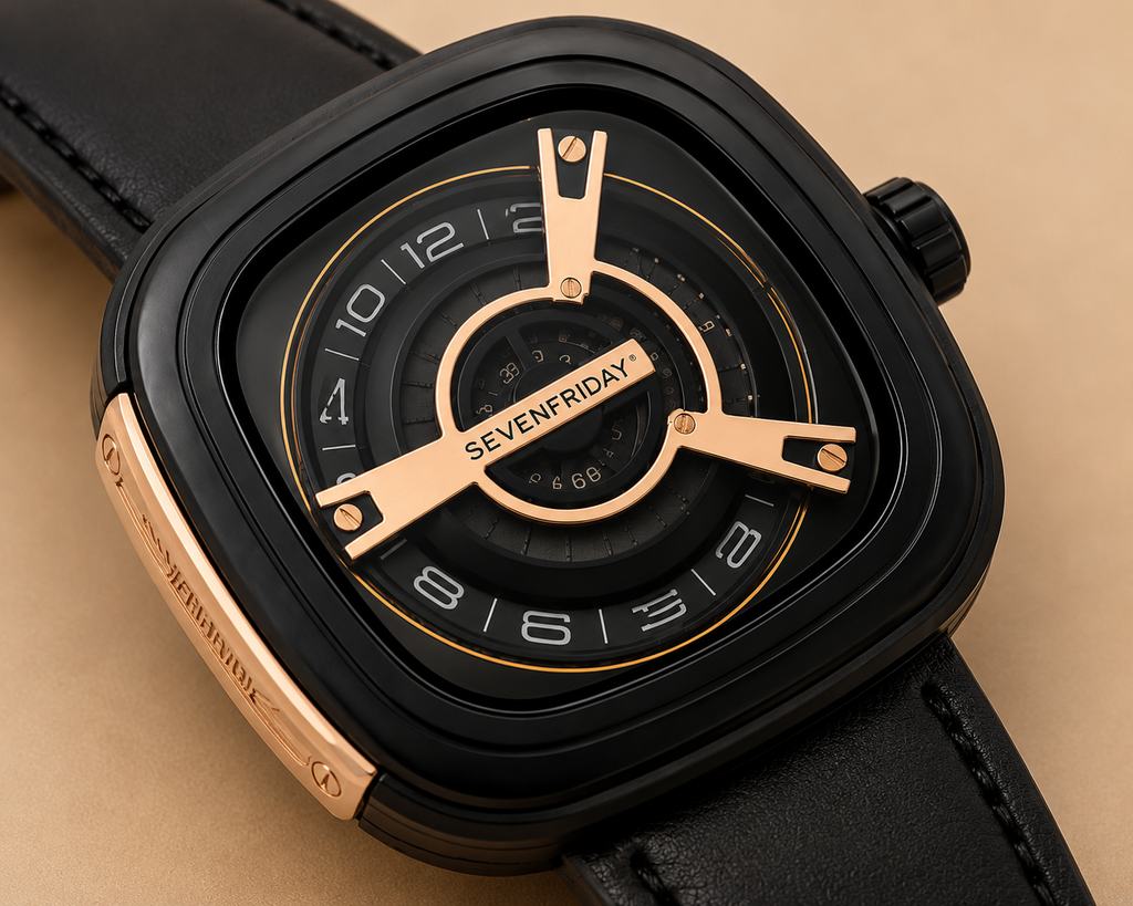SEVENFRIDAY Style Men's Luxury Black & Rose Gold Watch – Premium Square Dial Leather Strap Wristwatch