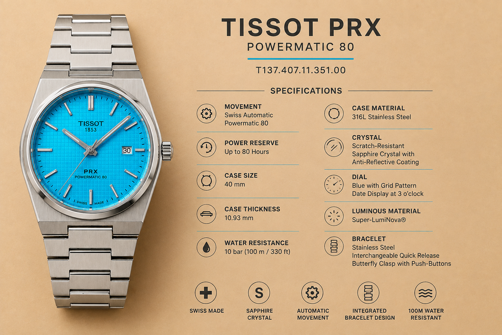 Tissot PRX Powermatic 80 40mm Blue Dial Automatic Stainless Steel Watch – Sapphire Crystal, 100m Water Resistant