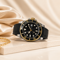 Luxury Men's Black & Gold Silicone Strap Watch | Premium Stainless Steel Waterproof Analog Wrist Watch for Men | Elegant Casual & Formal Timepiece