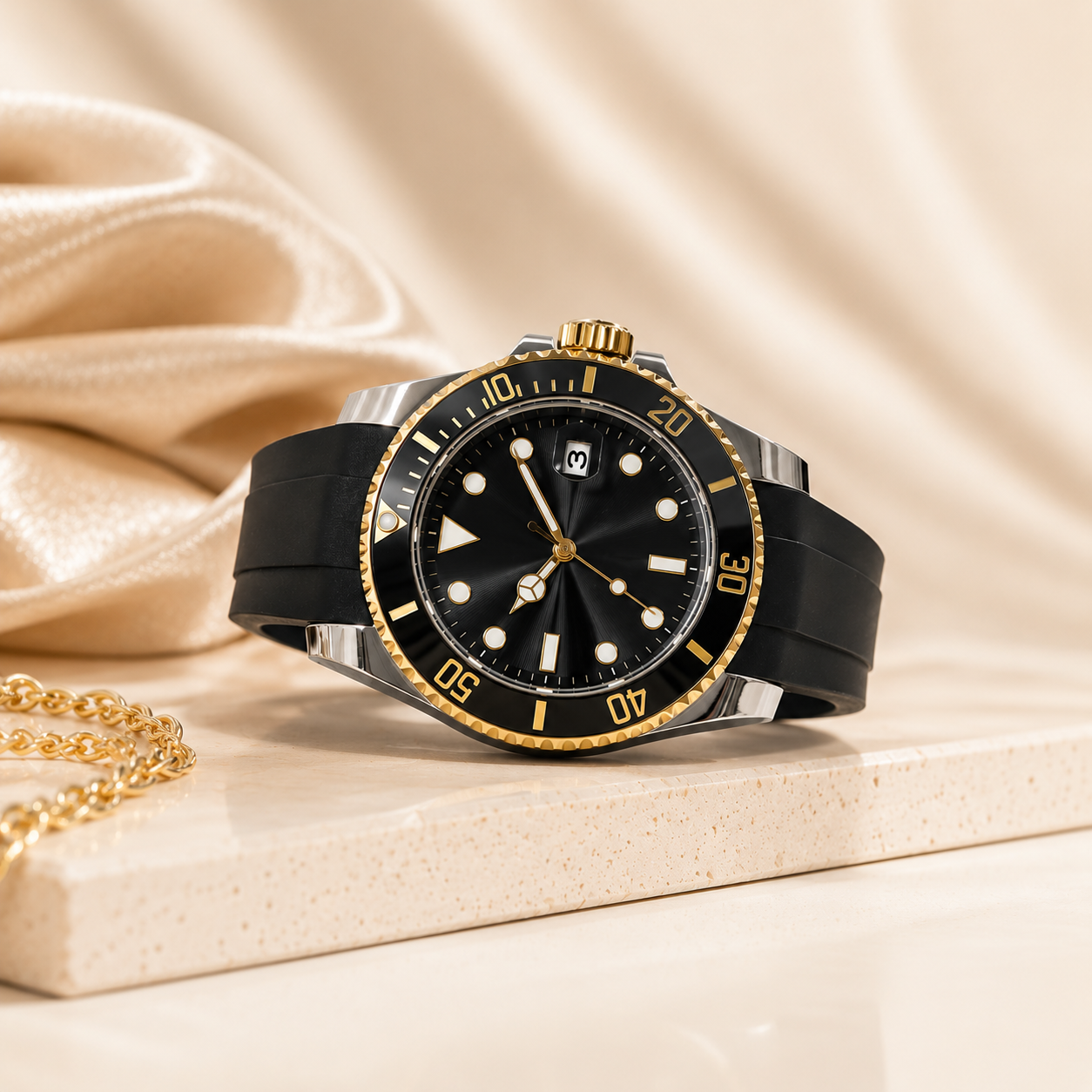 Luxury Men's Black & Gold Silicone Strap Watch | Premium Stainless Steel Waterproof Analog Wrist Watch for Men | Elegant Casual & Formal Timepiece