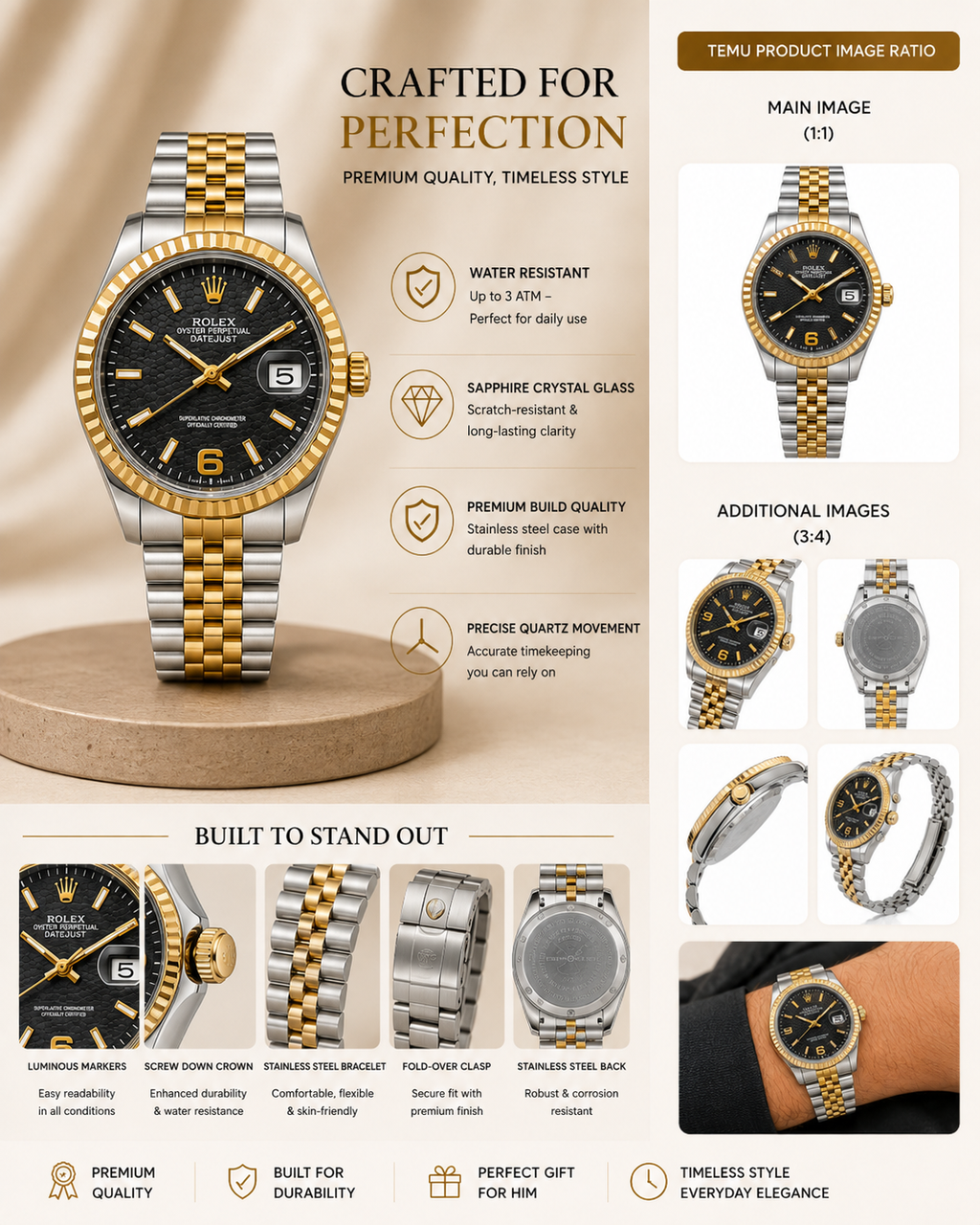 Men’s Two-Tone Luxury Watch – Gold & Silver Stainless Steel Bracelet with Black Dial