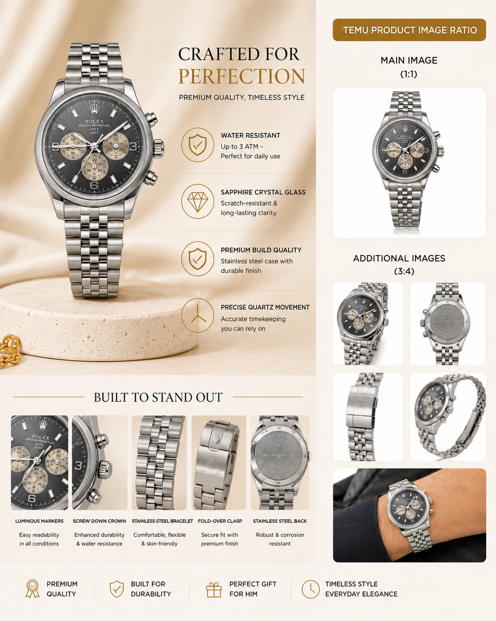 Premium Men's Silver Stainless Steel Chronograph Watch with Black Dial – Luxury Quartz Analog Wrist Watch | Elegant Business & Casual Fashion