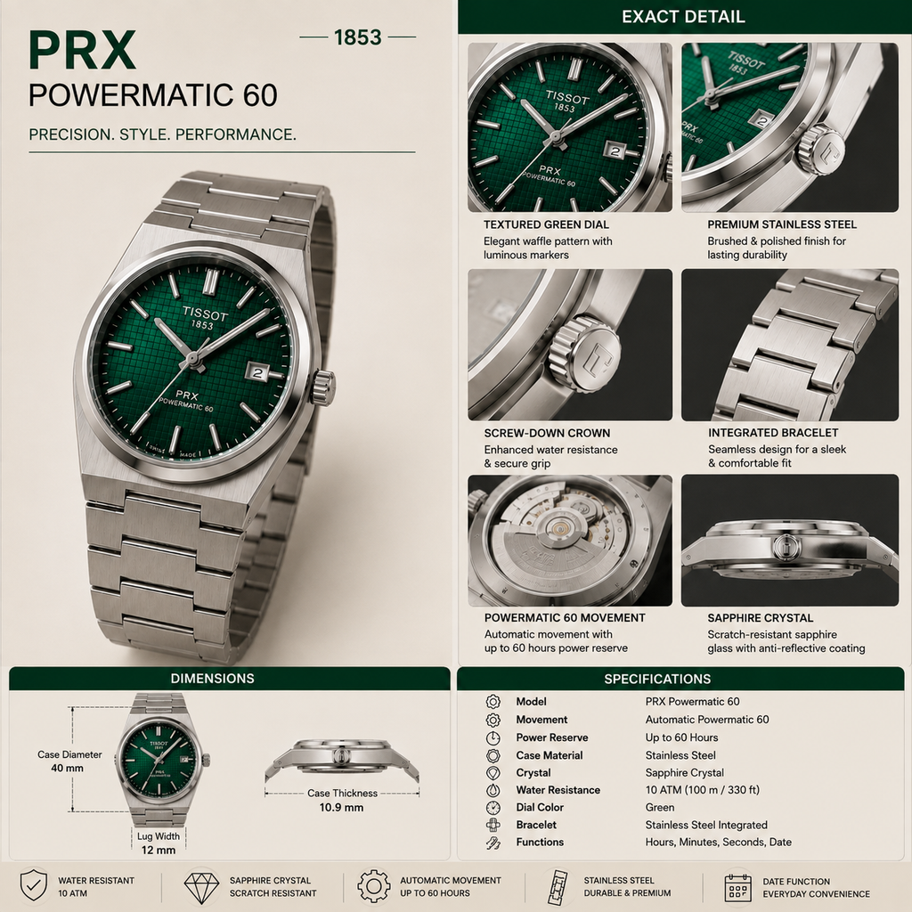 Tissot PRX Powermatic 80 40mm Green Dial Automatic Stainless Steel Watch