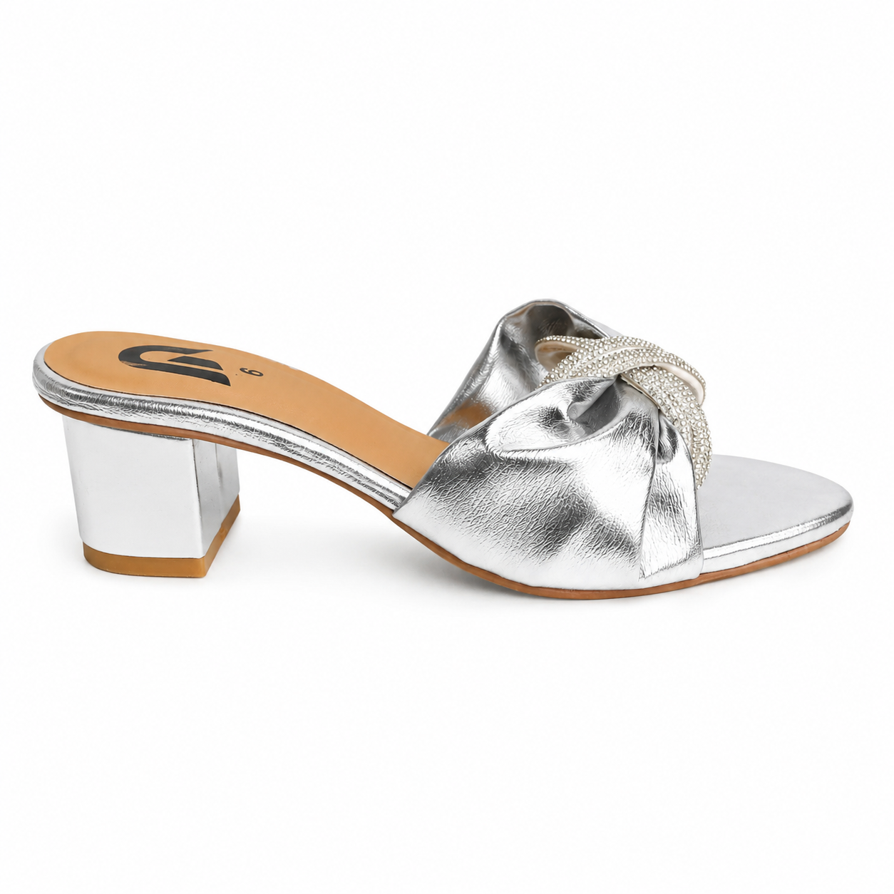 Women’s Gold Metallic Block Heel Sandals with Rhinestone Knot