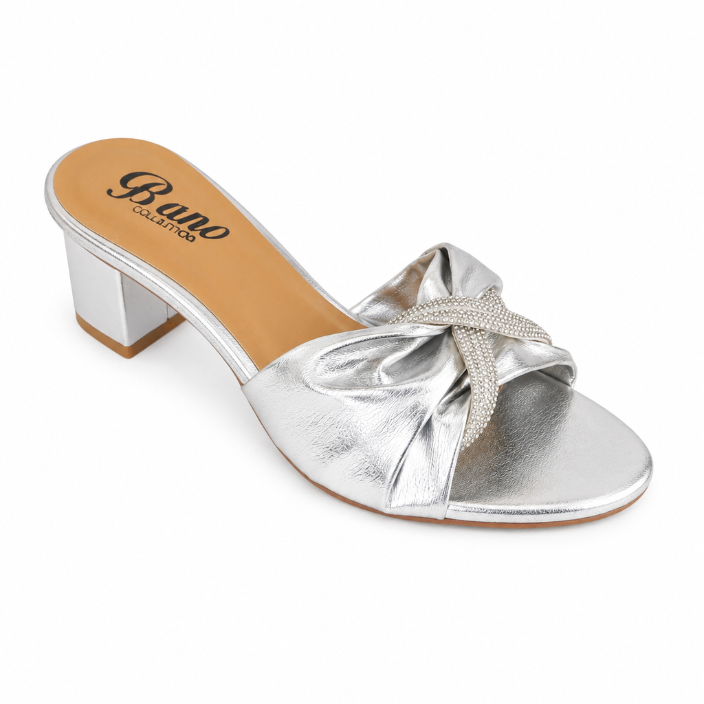 Women’s Gold Metallic Block Heel Sandals with Rhinestone Knot