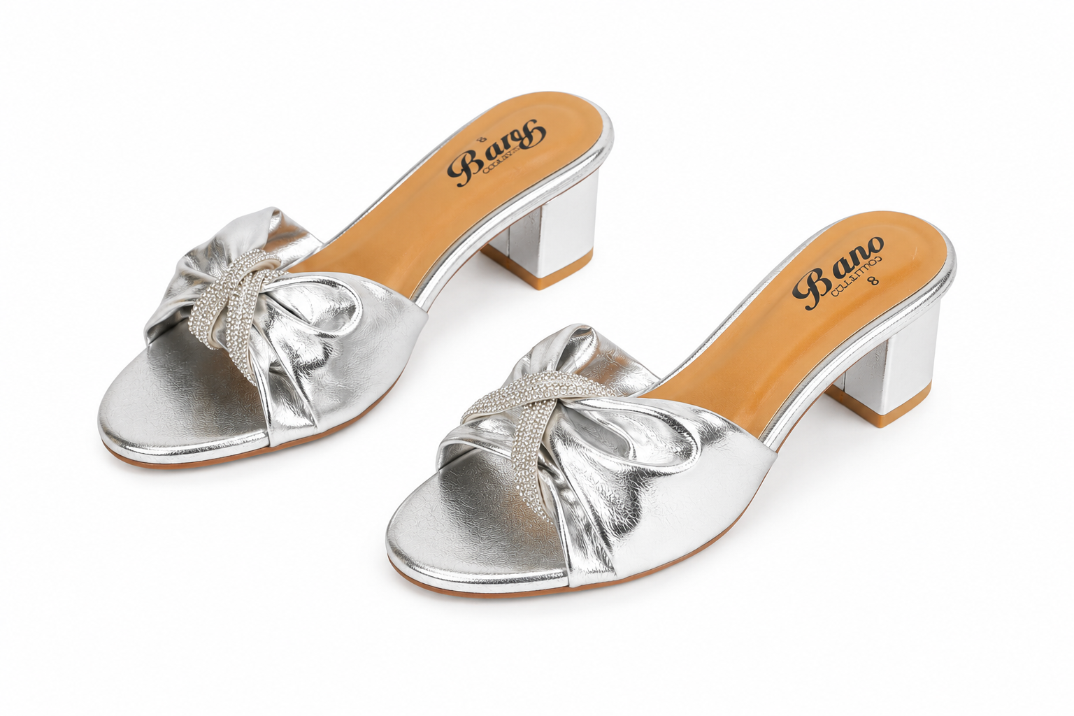 Women’s Gold Metallic Block Heel Sandals with Rhinestone Knot