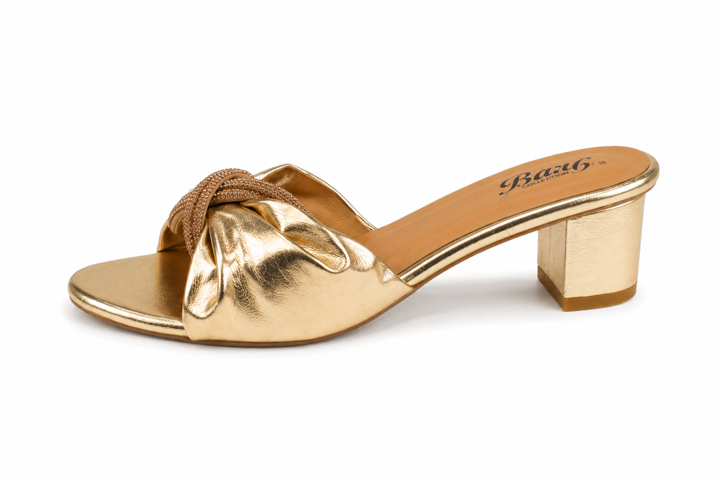 Women’s Gold Metallic Block Heel Sandals with Rhinestone Knot