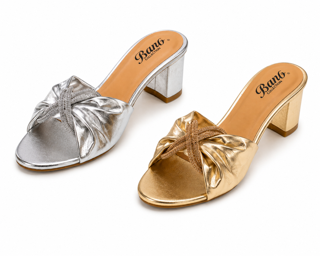 Women’s Gold Metallic Block Heel Sandals with Rhinestone Knot