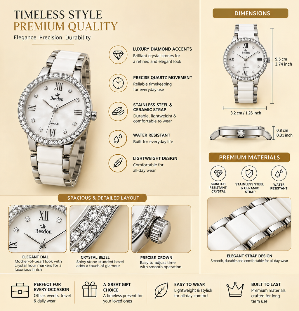 Women’s Luxury White & Silver Watch – Elegant Crystal Diamond Bezel, Pearl Dial & Stainless Steel Ceramic Bracelet
