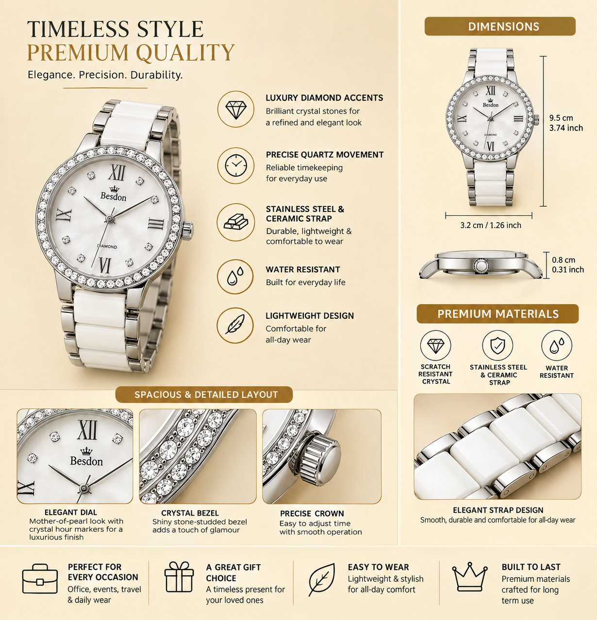 Women’s Luxury White & Silver Watch – Elegant Crystal Diamond Bezel, Pearl Dial & Stainless Steel Ceramic Bracelet
