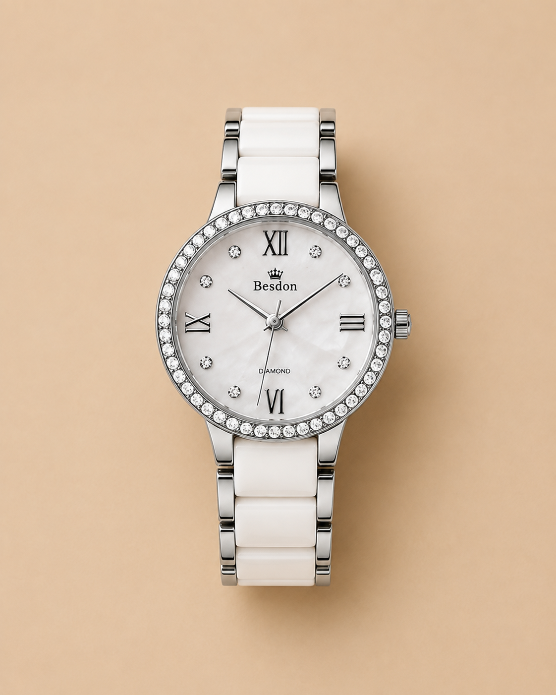 Women’s Luxury White & Silver Watch – Elegant Crystal Diamond Bezel, Pearl Dial & Stainless Steel Ceramic Bracelet