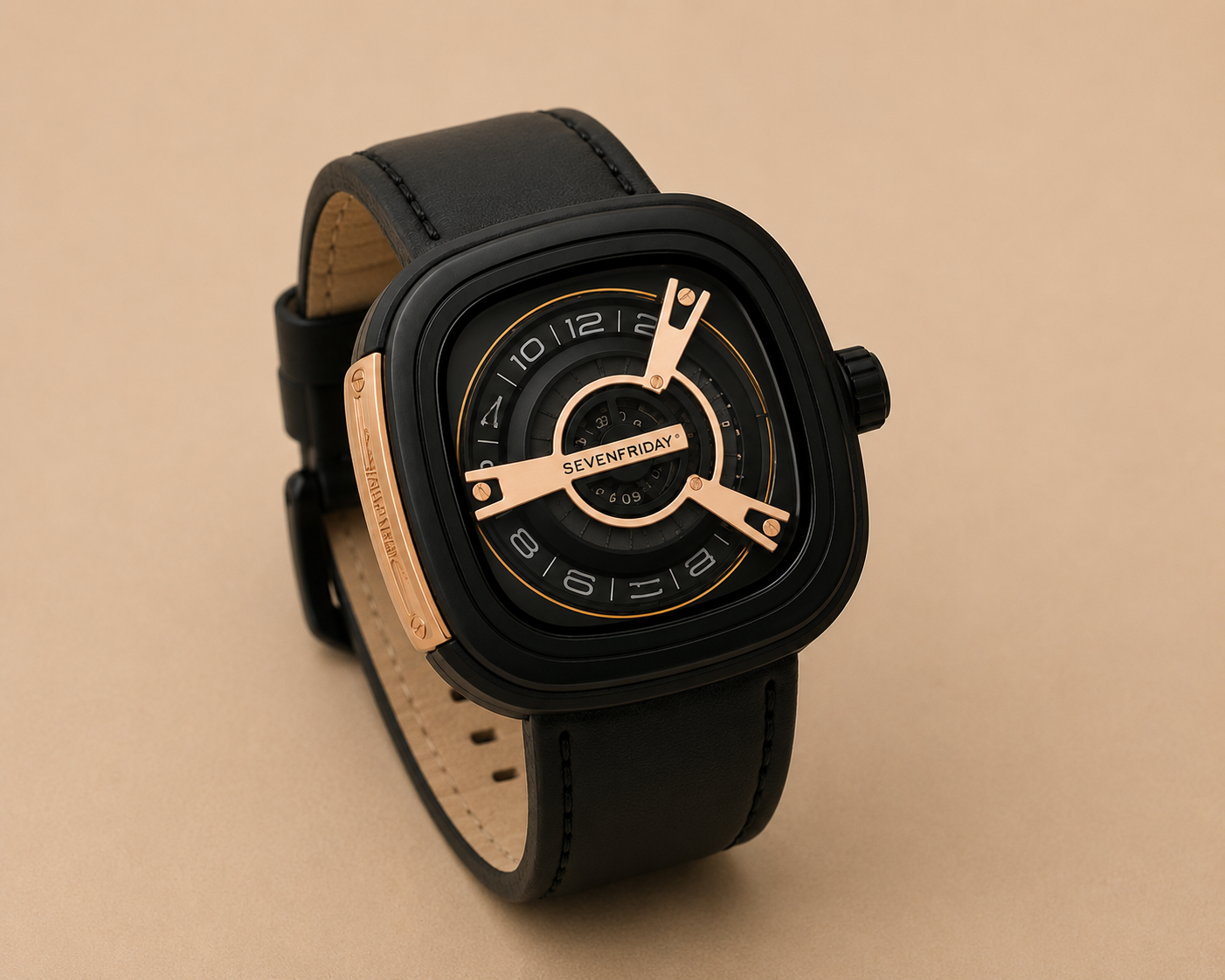SEVENFRIDAY Style Men's Luxury Black & Rose Gold Watch – Premium Square Dial Leather Strap Wristwatch