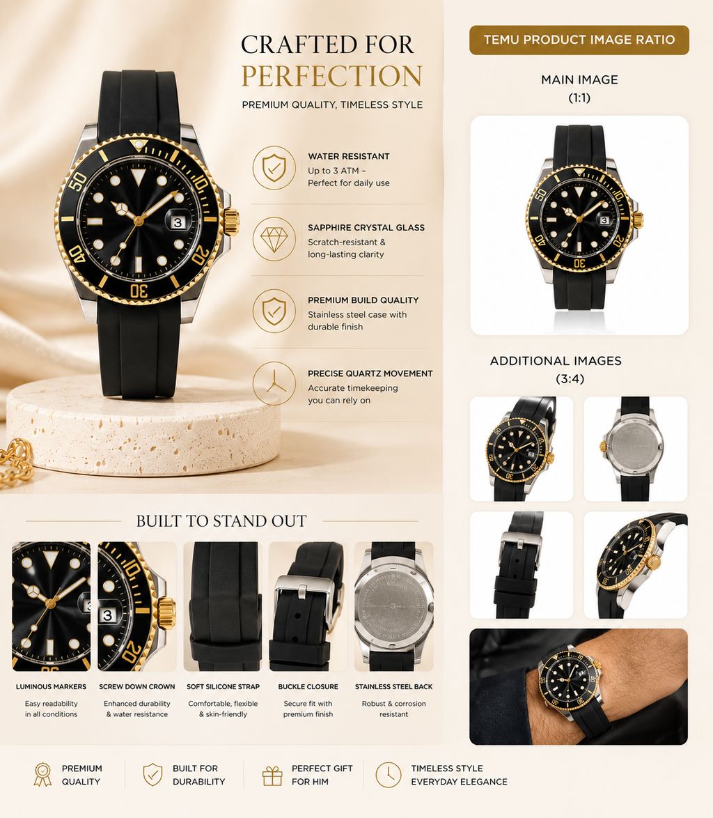 Luxury Men's Black & Gold Silicone Strap Watch | Premium Stainless Steel Waterproof Analog Wrist Watch for Men | Elegant Casual & Formal Timepiece
