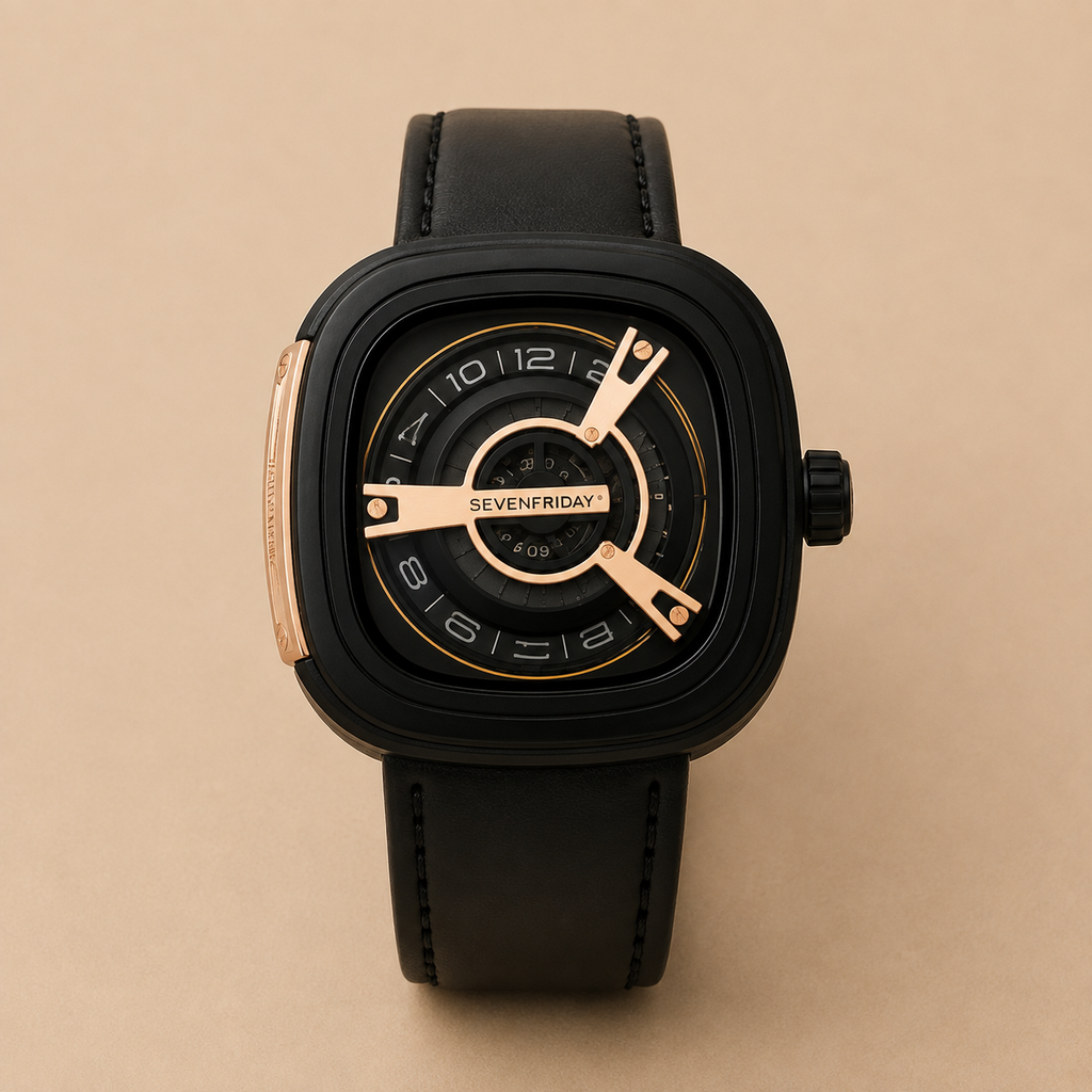 SEVENFRIDAY Style Men's Luxury Black & Rose Gold Watch – Premium Square Dial Leather Strap Wristwatch