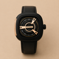 SEVENFRIDAY Style Men's Luxury Black & Rose Gold Watch – Premium Square Dial Leather Strap Wristwatch